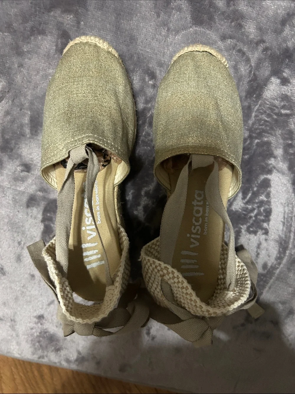 Viscata Espadrille canvas & tweed Wedge Sandals in Tan with Ankle Tie sz 35